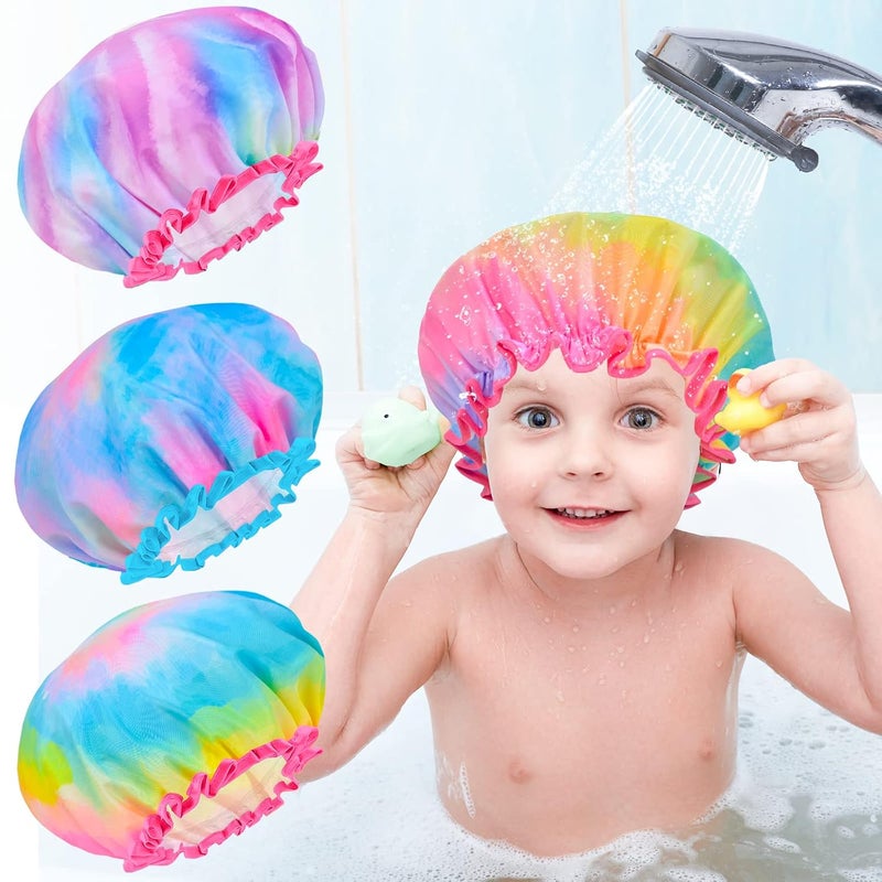 OlyPegic Kids Shower Cap, 3 Pcs Girls Shower Cap for Kids Reusable Waterproof Adjustable Large Hair Cap Unicorn Tie Dye Cute Hair Cover Hat - Image 1